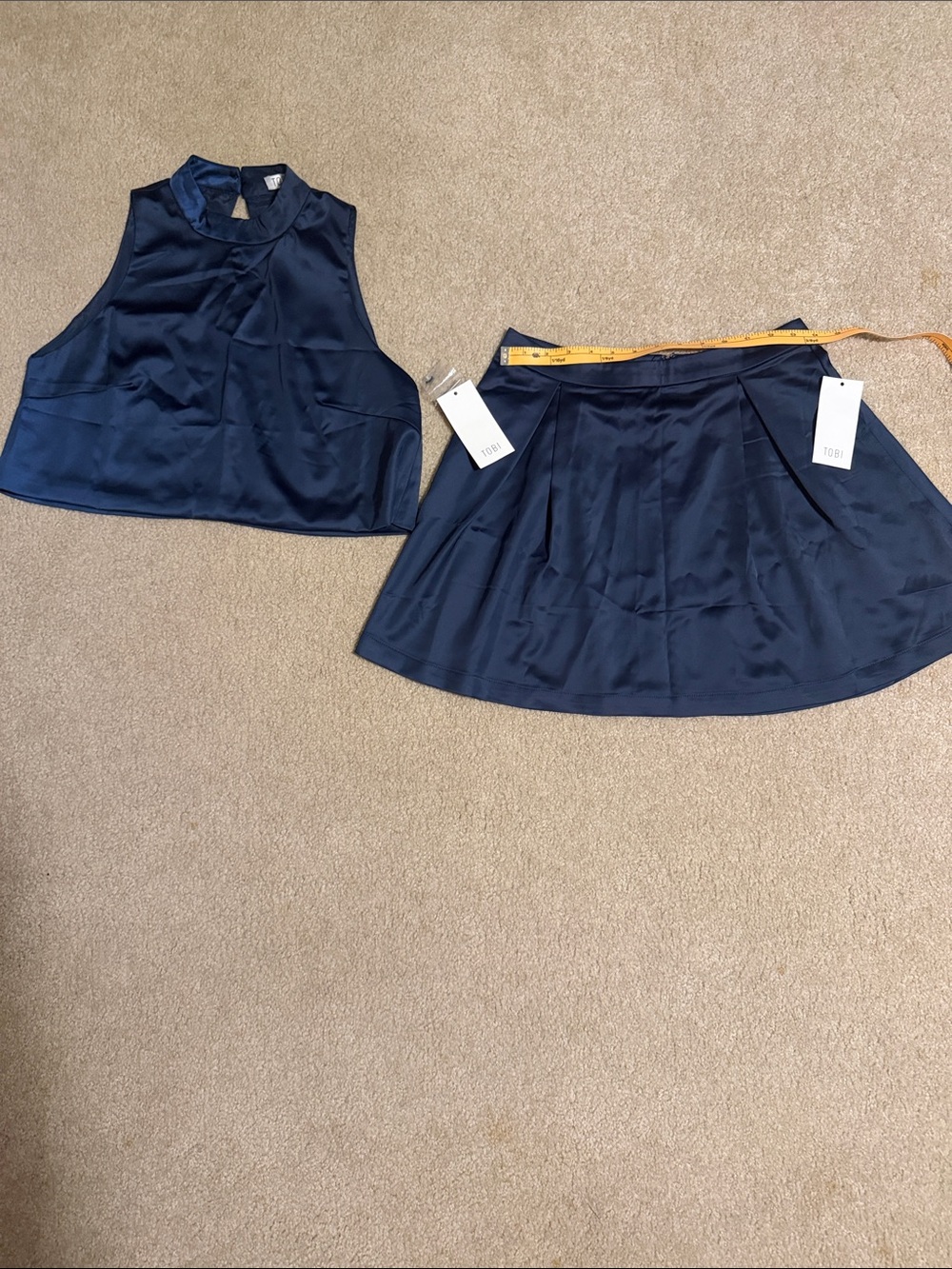 Young ladies’ Navy Satin A-Line Skirt and top set